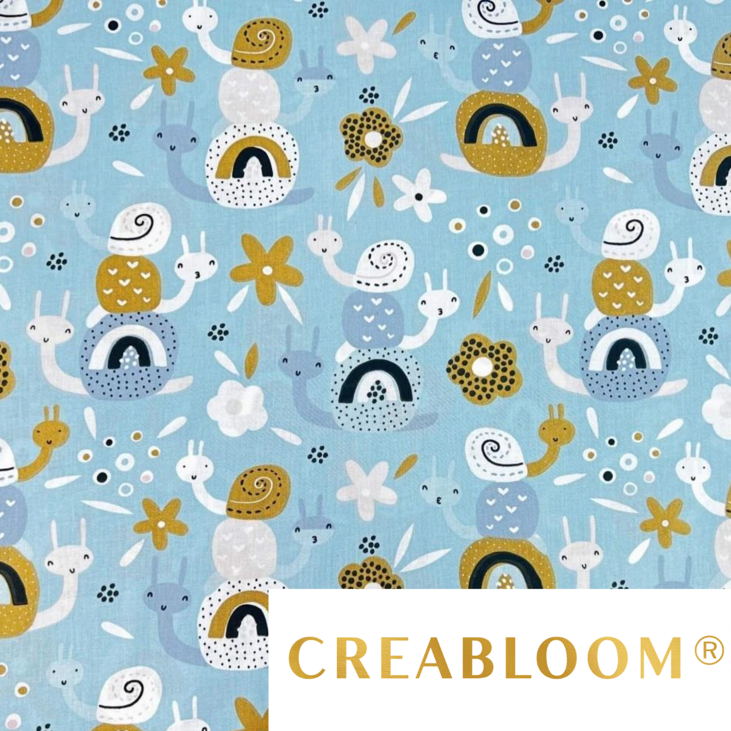 Tissu Coton Motif Escargots - Bleu Et Moutarde