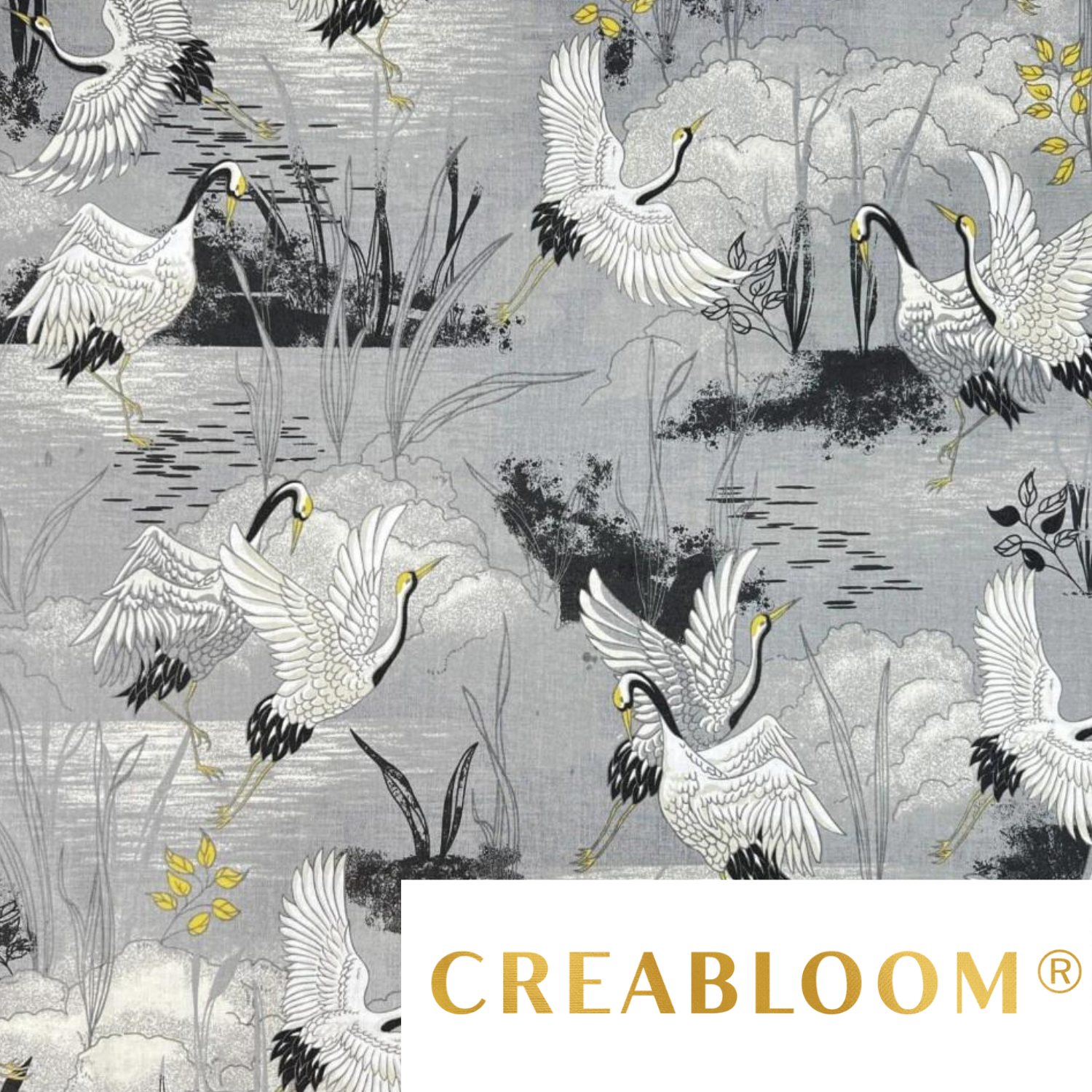 Tissu Coton Imprimé Oiseaux Et Nuages Fond Gris