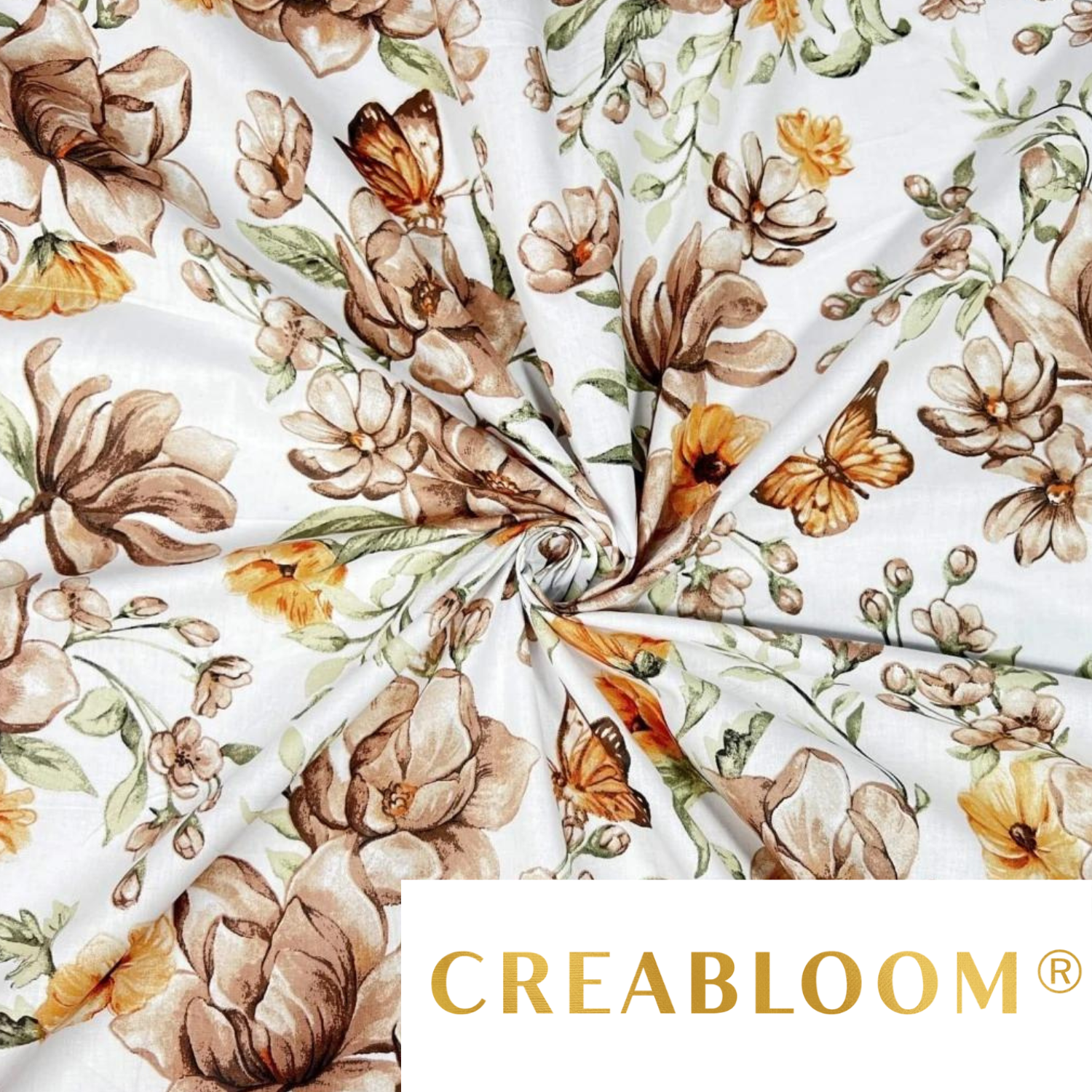 Tissu Coton Imprimé Fleurs Et Papillons - Marron Orange