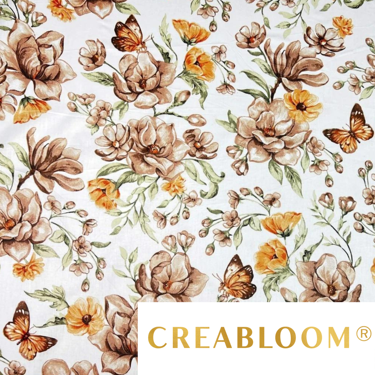 Tissu Coton Imprimé Fleurs Et Papillons - Marron Orange