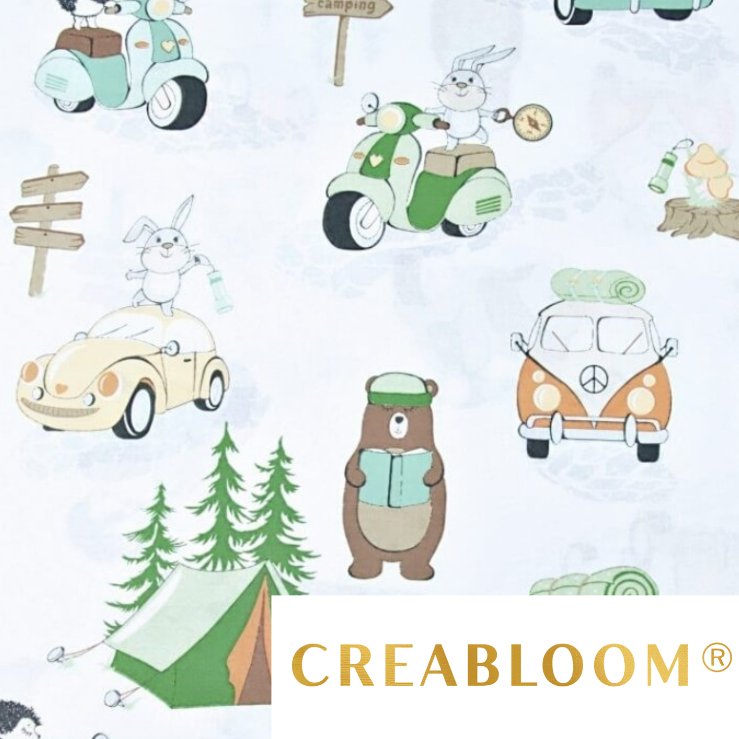 Tissu Coton Motif Animaux Camping