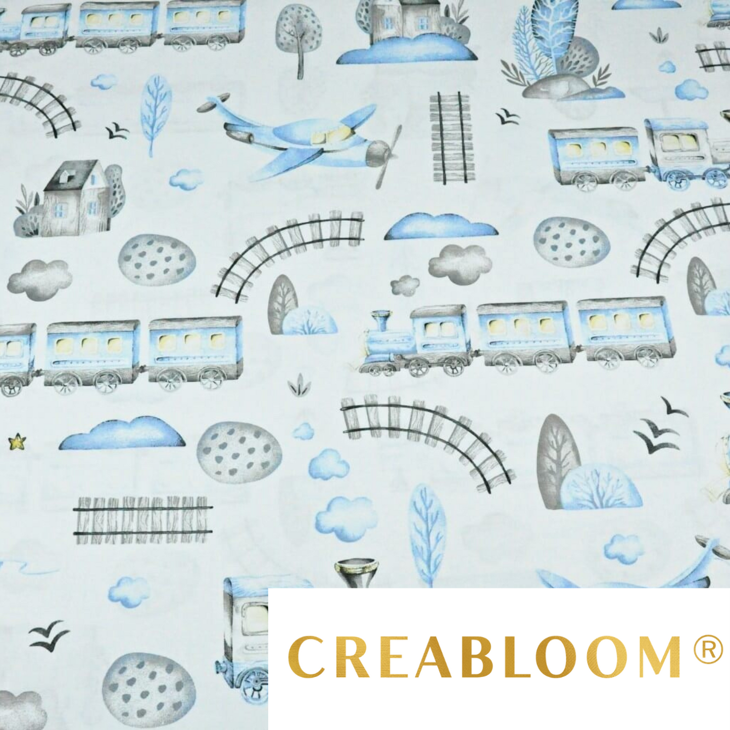 Tissu Coton Motif Train Bleu Et Gris Fond Blanc