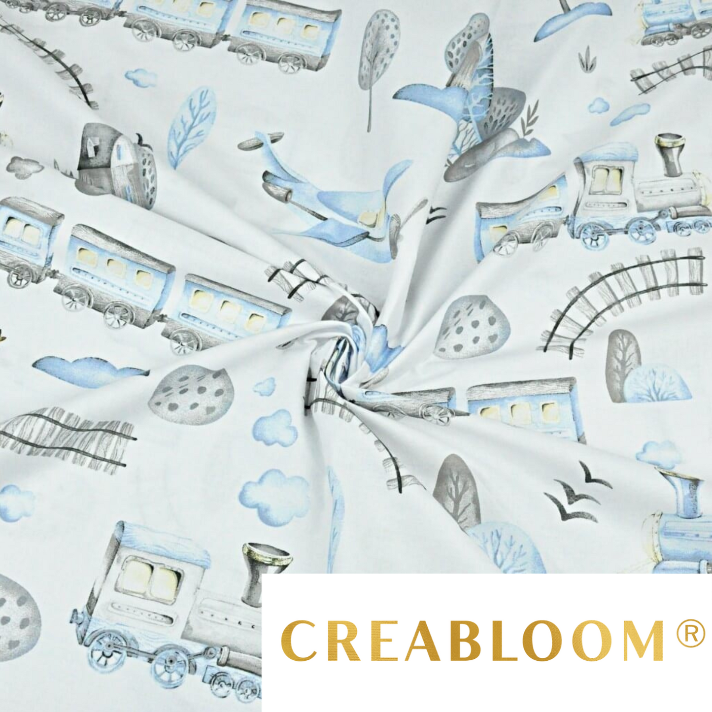 Tissu Coton Motif Train Bleu Et Gris Fond Blanc