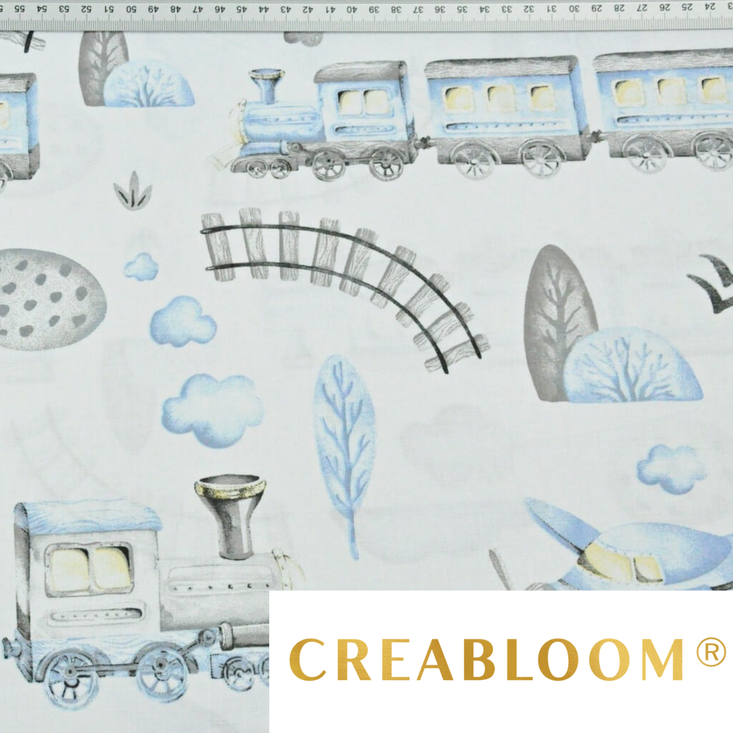 Tissu Coton Motif Train Bleu Et Gris Fond Blanc