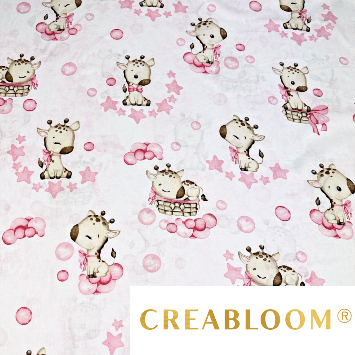 Tissu Coton Motif Bébés Girafes Rose