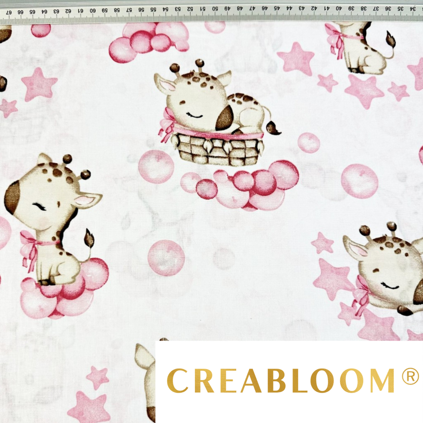 Tissu Coton Motif Bébés Girafes Rose