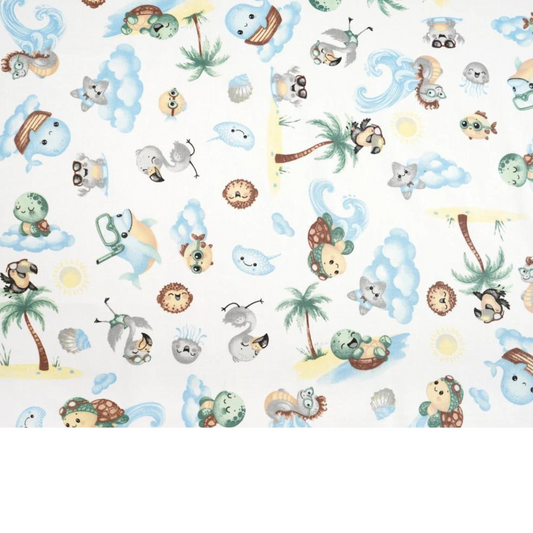 Tissu Coton Motif Animaux De La Mer Fond Blanc