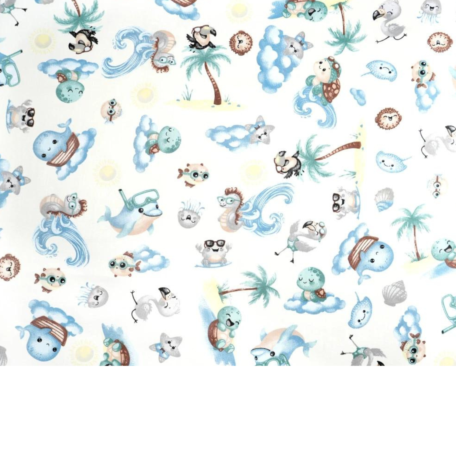 Tissu Coton Motif Animaux De La Mer Fond Blanc