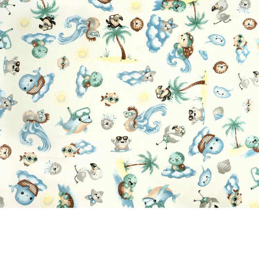 Tissu Coton Motif Animaux De La Mer Fond Ecru