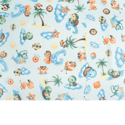 Tissu Coton Motif Animaux De La Mer Fond Bleu