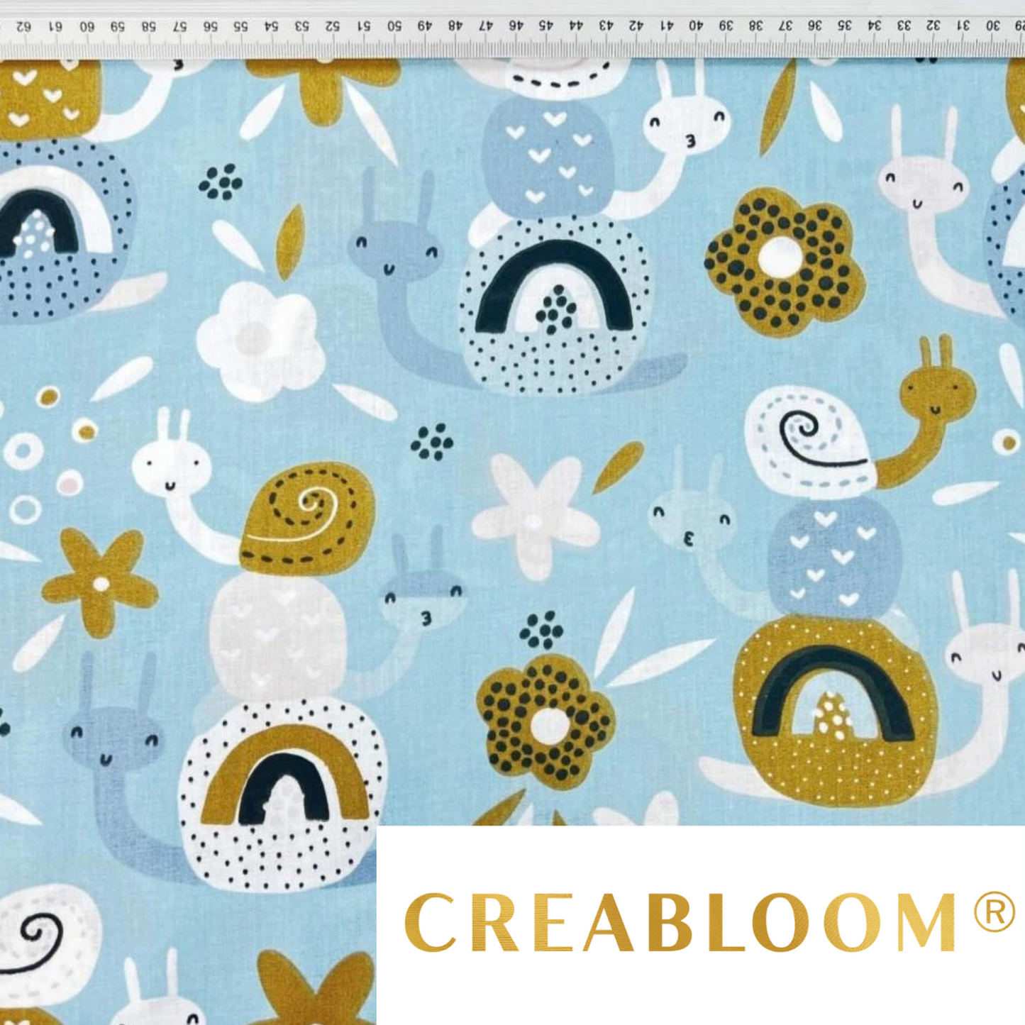 Tissu Coton Motif Escargots - Bleu Et Moutarde