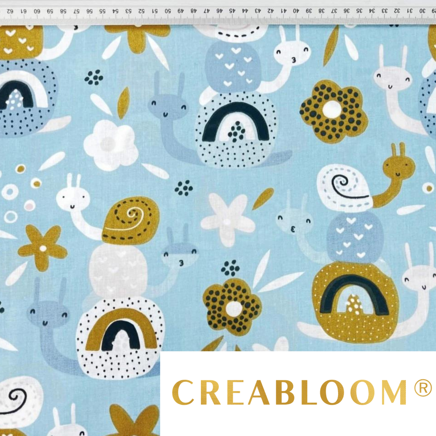 Tissu Coton Motif Escargots - Bleu Et Moutarde