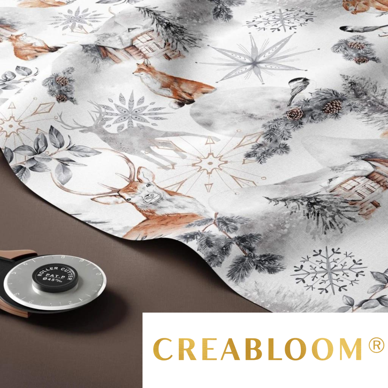 Tissu Coton Motif Noël Marron / Gris