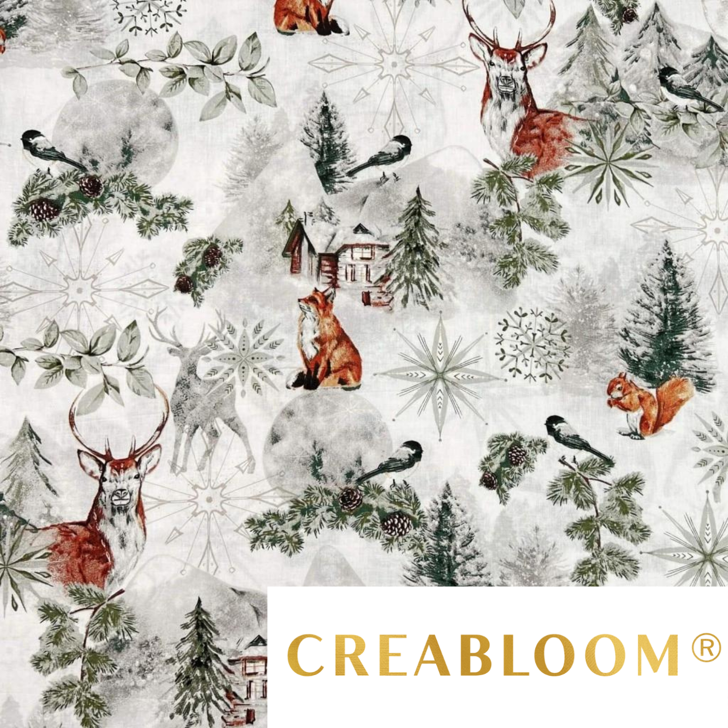 Tissu Coton Motif Noël Marron / Vert Sauge