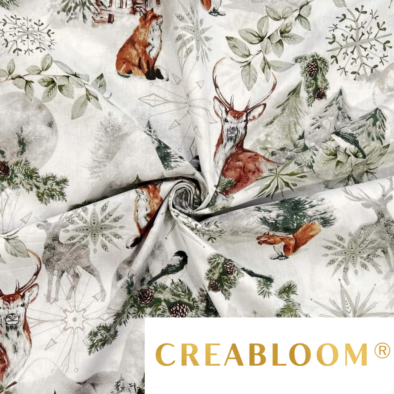 Tissu Coton Motif Noël Marron / Vert Sauge