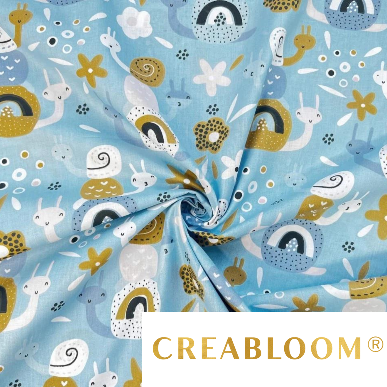 Tissu Coton Motif Escargots - Bleu Et Moutarde