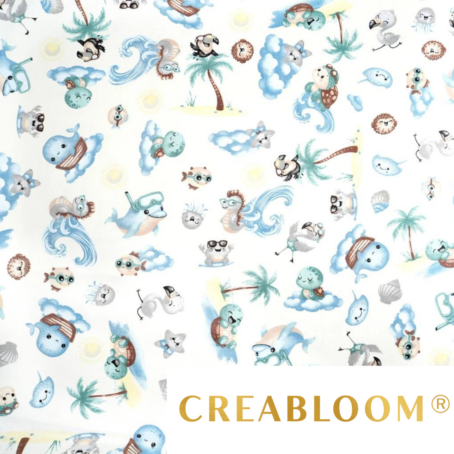 Tissu Coton Motif Animaux De La Mer Fond Blanc