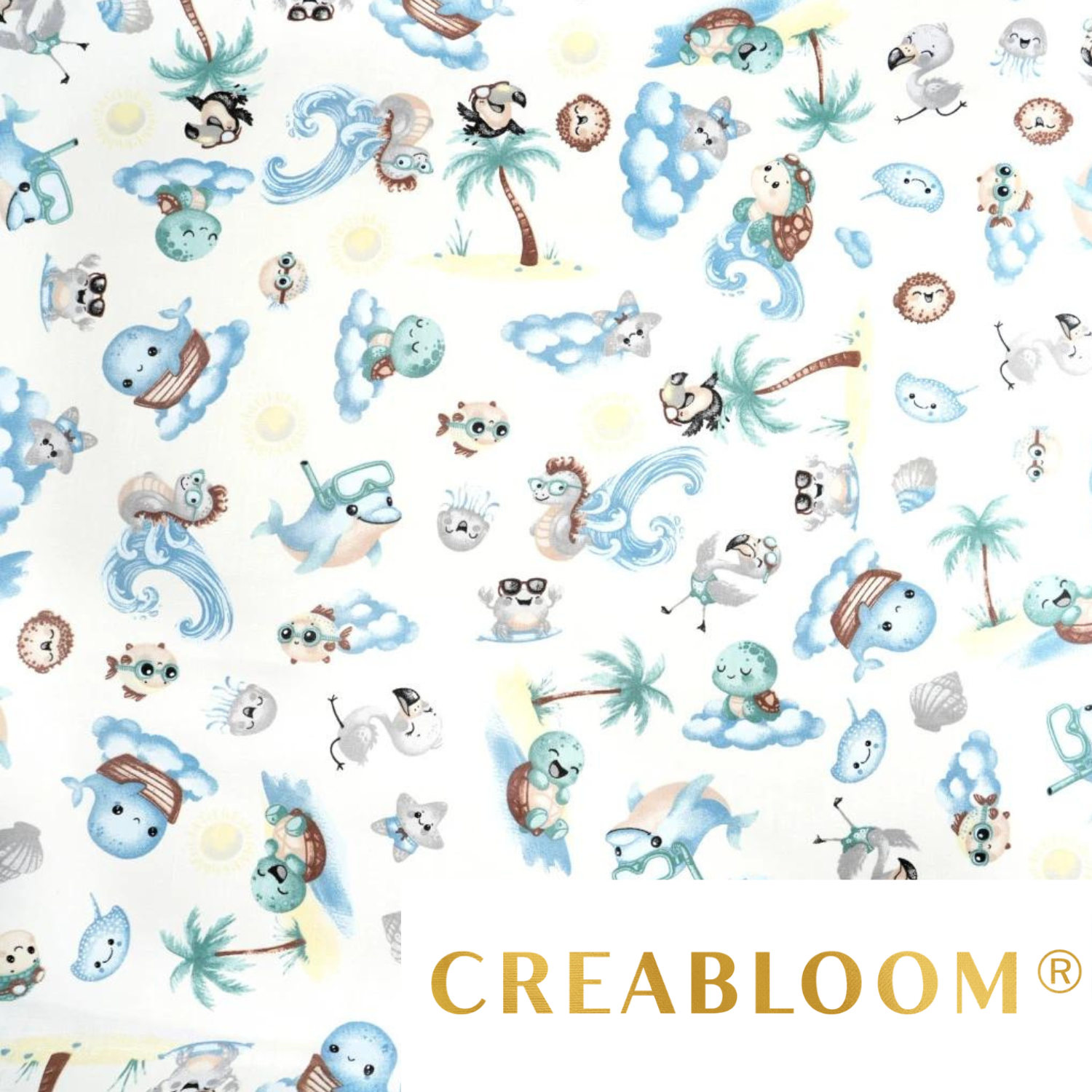 Tissu Coton Motif Animaux De La Mer Fond Blanc