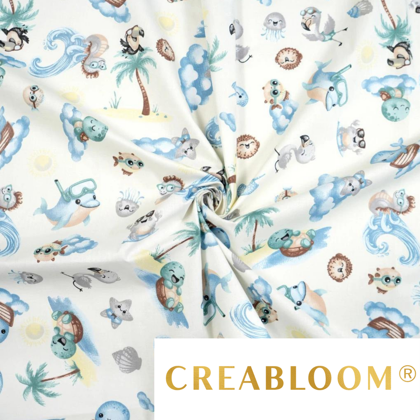 Tissu Coton Motif Animaux De La Mer Fond Blanc