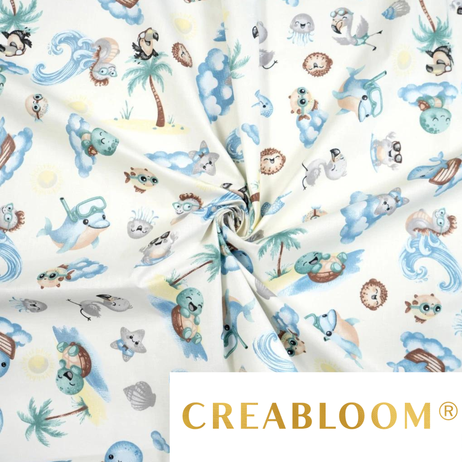Tissu Coton Motif Animaux De La Mer Fond Blanc
