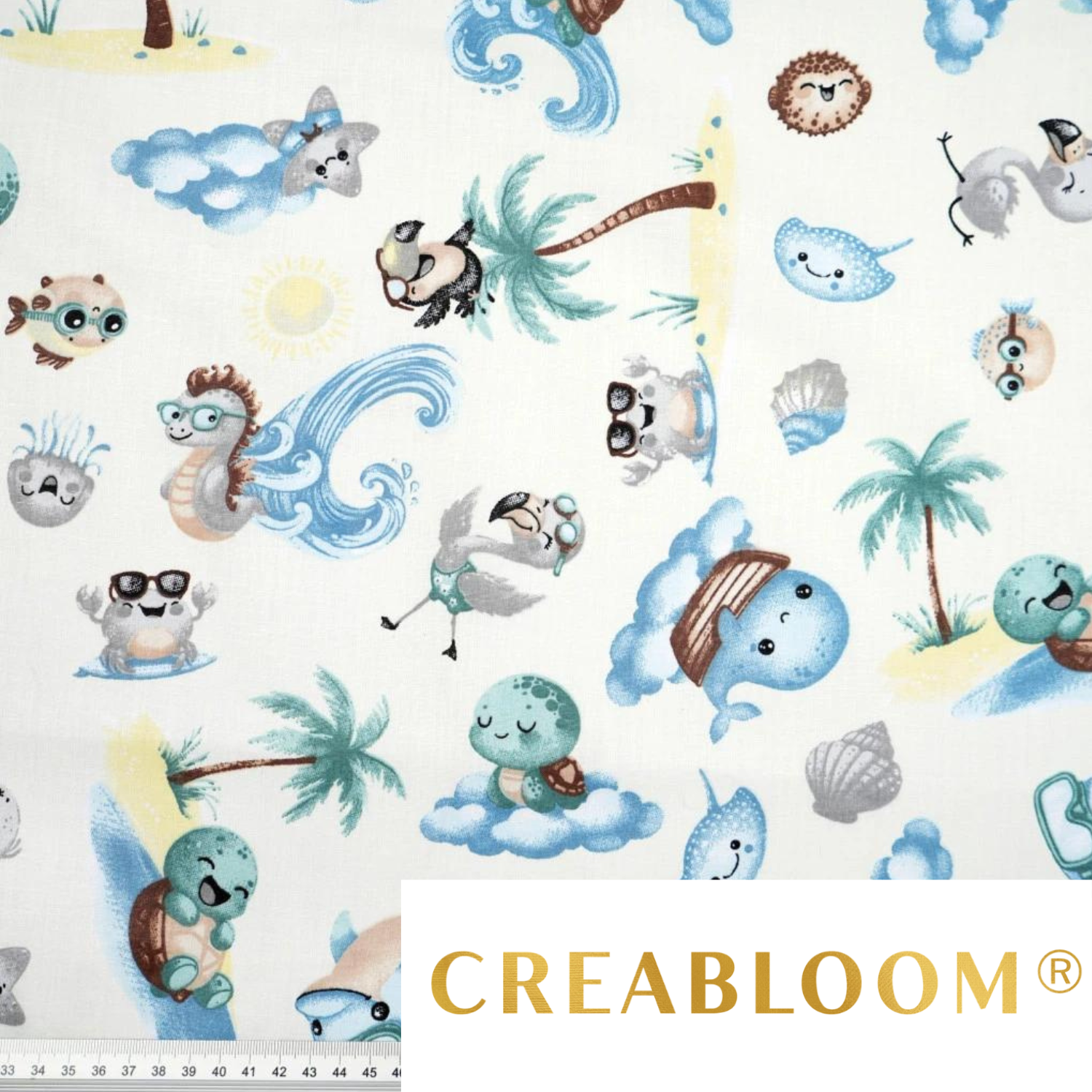 Tissu Coton Motif Animaux De La Mer Fond Blanc