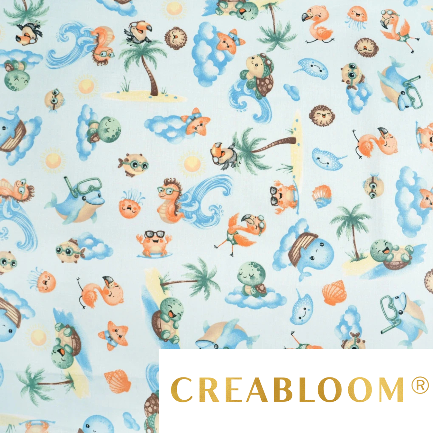 Tissu Coton Motif Animaux De La Mer Fond Bleu