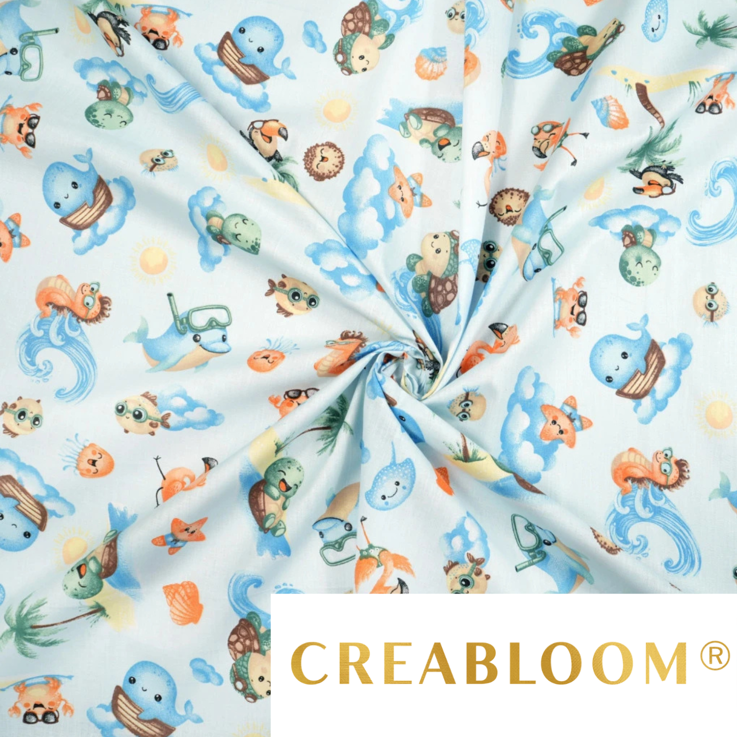 Tissu Coton Motif Animaux De La Mer Fond Bleu