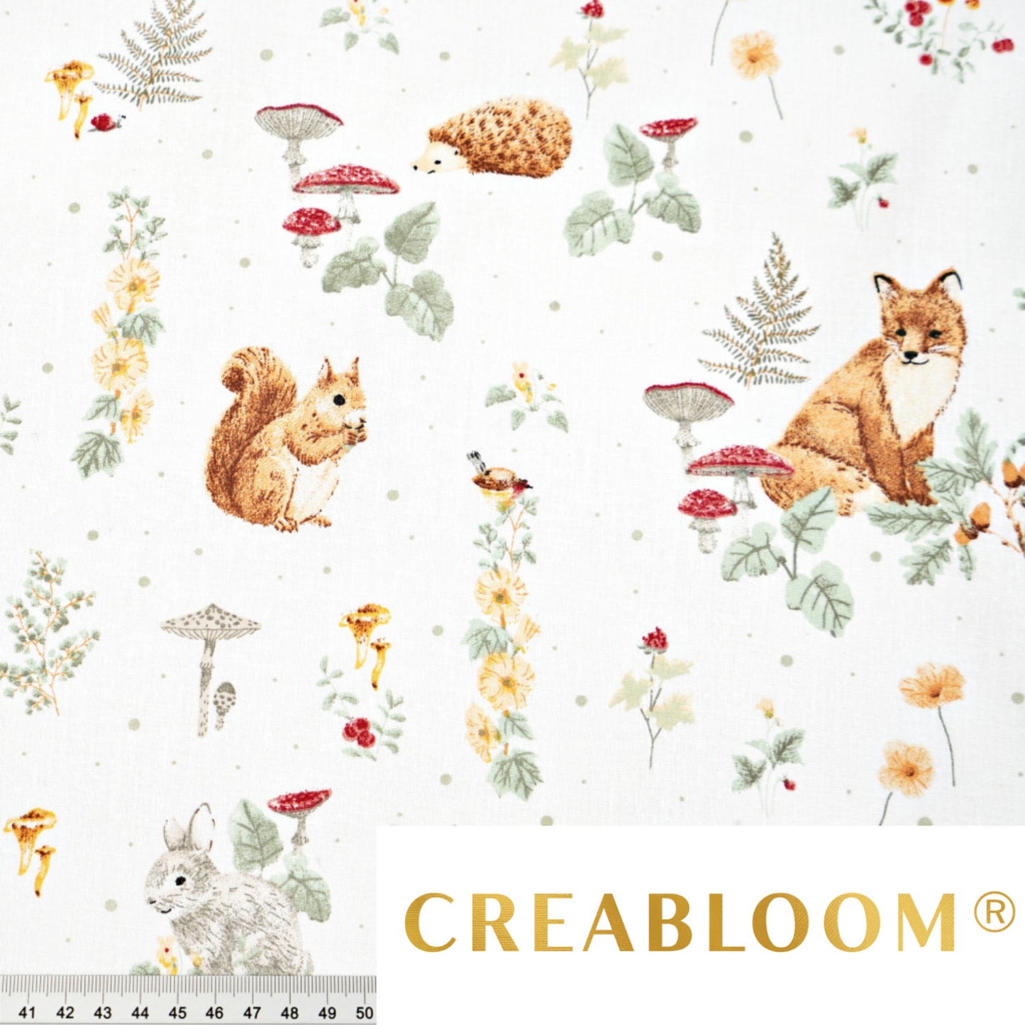 Tissu Coton Motif Animaux Dans La Forêt Avec Champignons