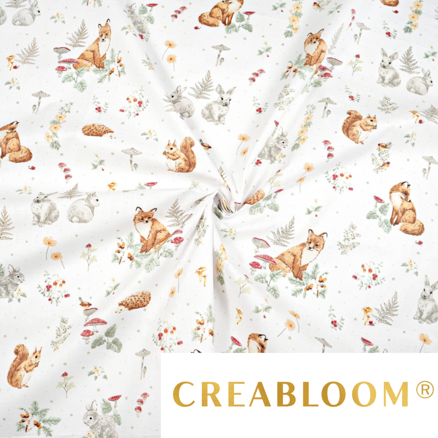 Tissu Coton Motif Animaux Dans La Forêt Avec Champignons
