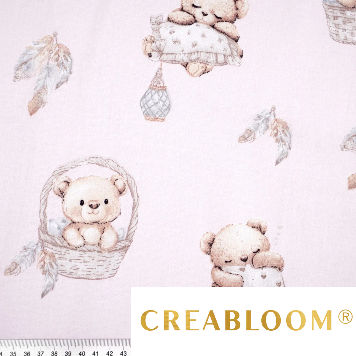 Tissu coton Motif oursons dans un panier - fond rose