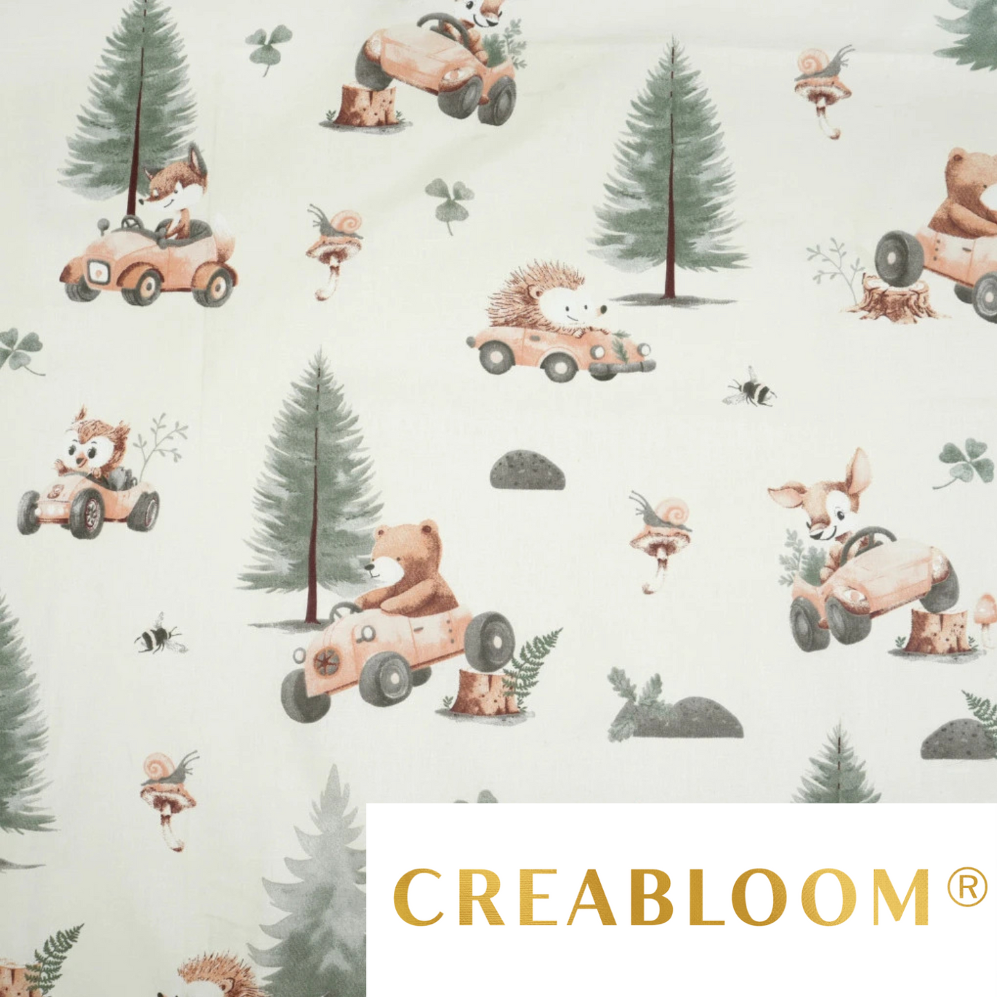 Tissu coton Motif animaux dans la forêt fond ecru