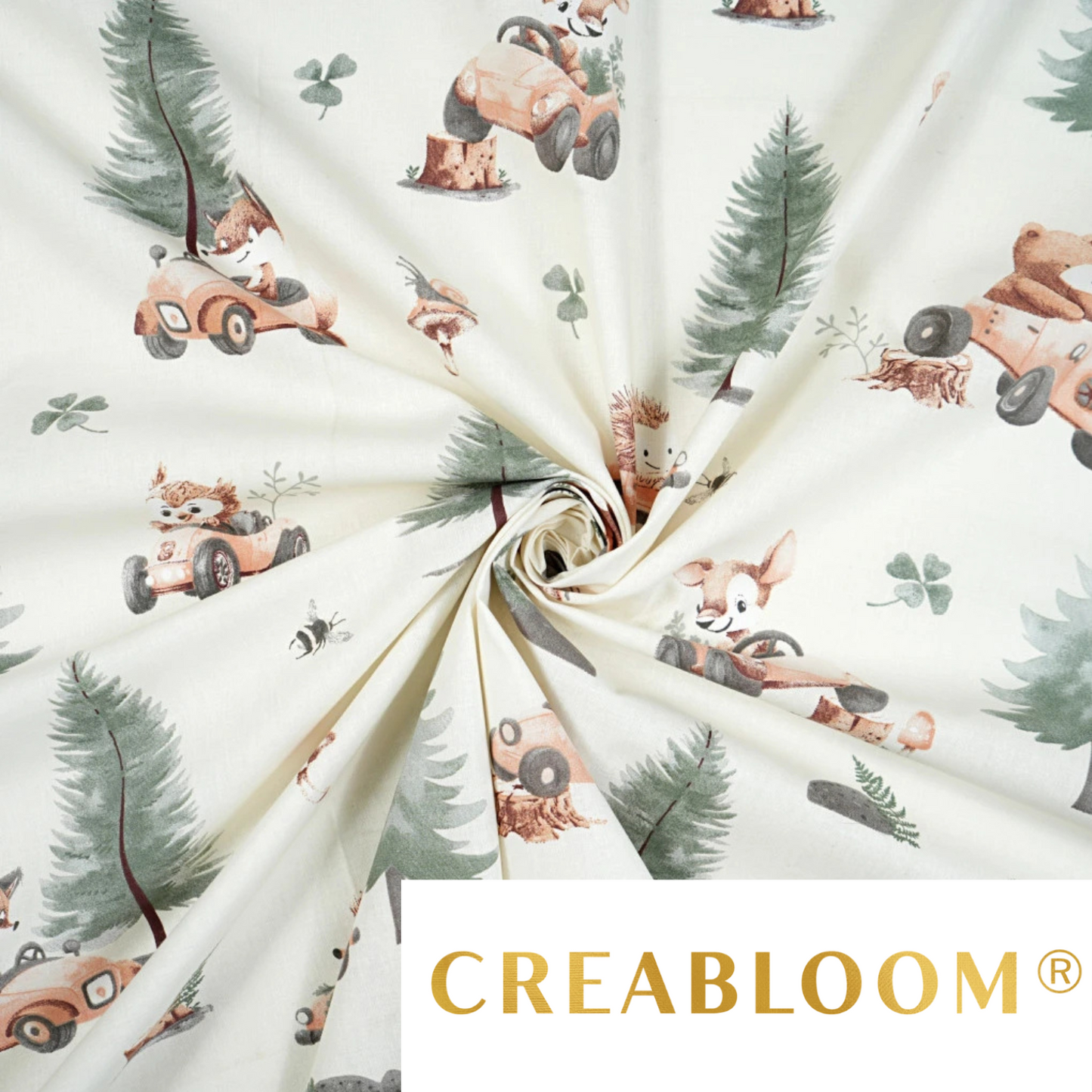 Tissu coton Motif animaux dans la forêt fond ecru