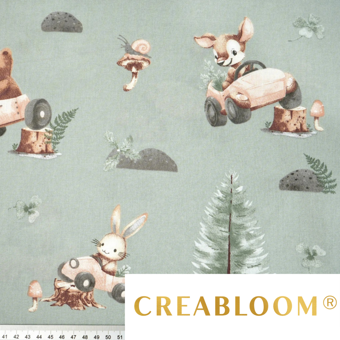 Tissu coton Motif animaux dans la forêt fond vert sauge