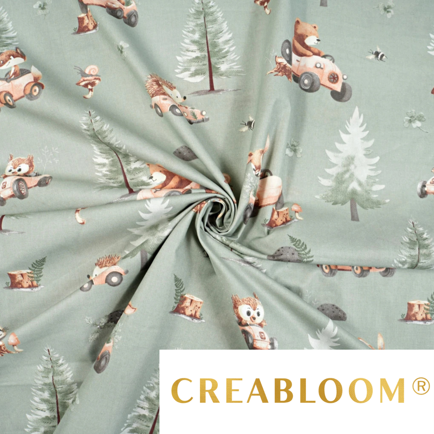 Tissu coton Motif animaux dans la forêt fond vert sauge