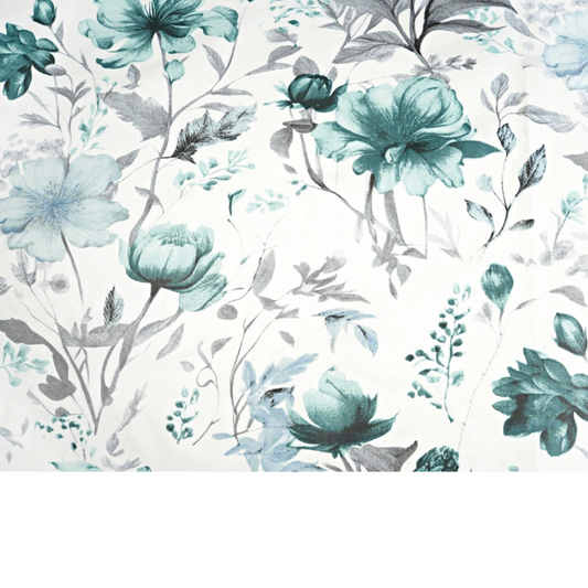 Tissu coton imprimé fleurs gris et menthe