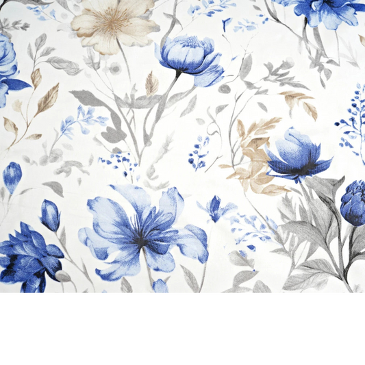 Tissu coton imprimé fleurs beige et bleu