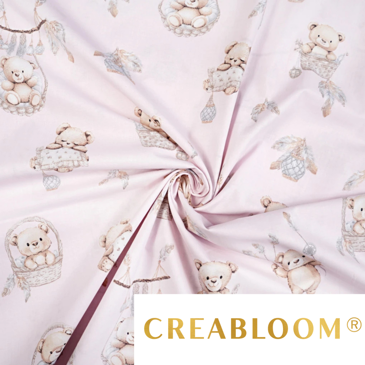 Tissu coton Motif oursons dans un panier - fond rose