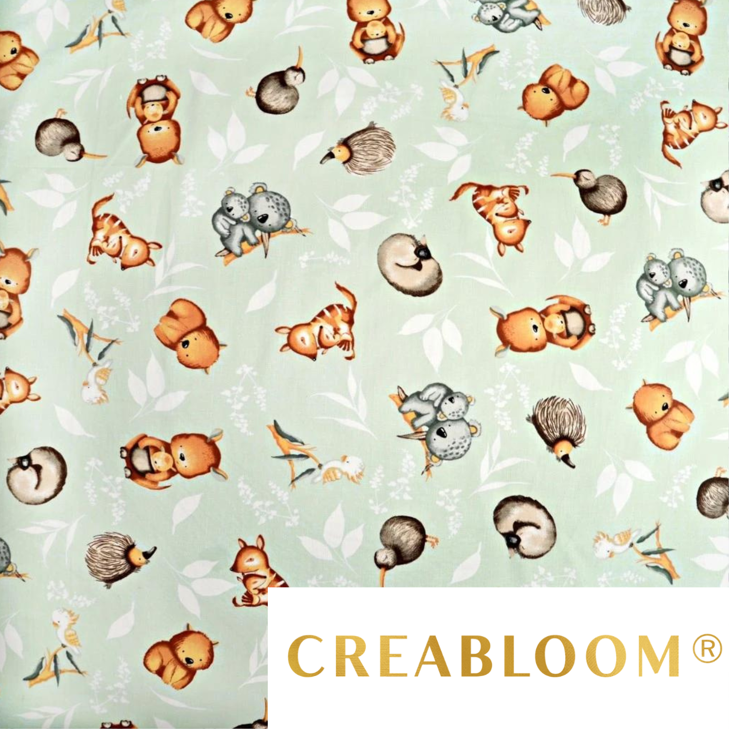 Tissu Coton Motif Animaux D’australie - Fond Couleur Pistache
