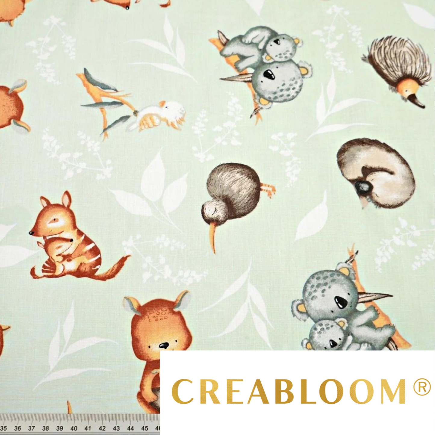 Tissu Coton Motif Animaux D’australie - Fond Couleur Pistache