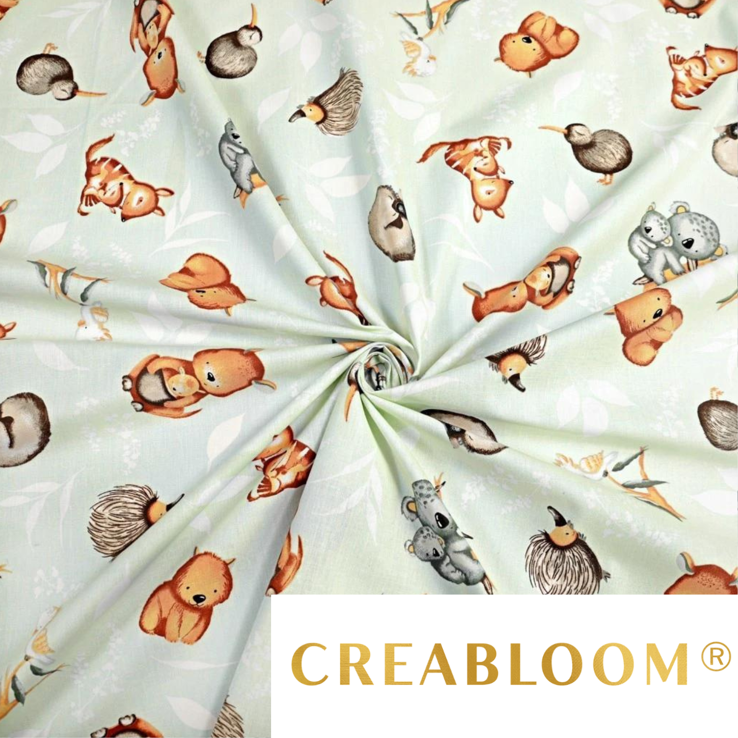 Tissu Coton Motif Animaux D’australie - Fond Couleur Pistache