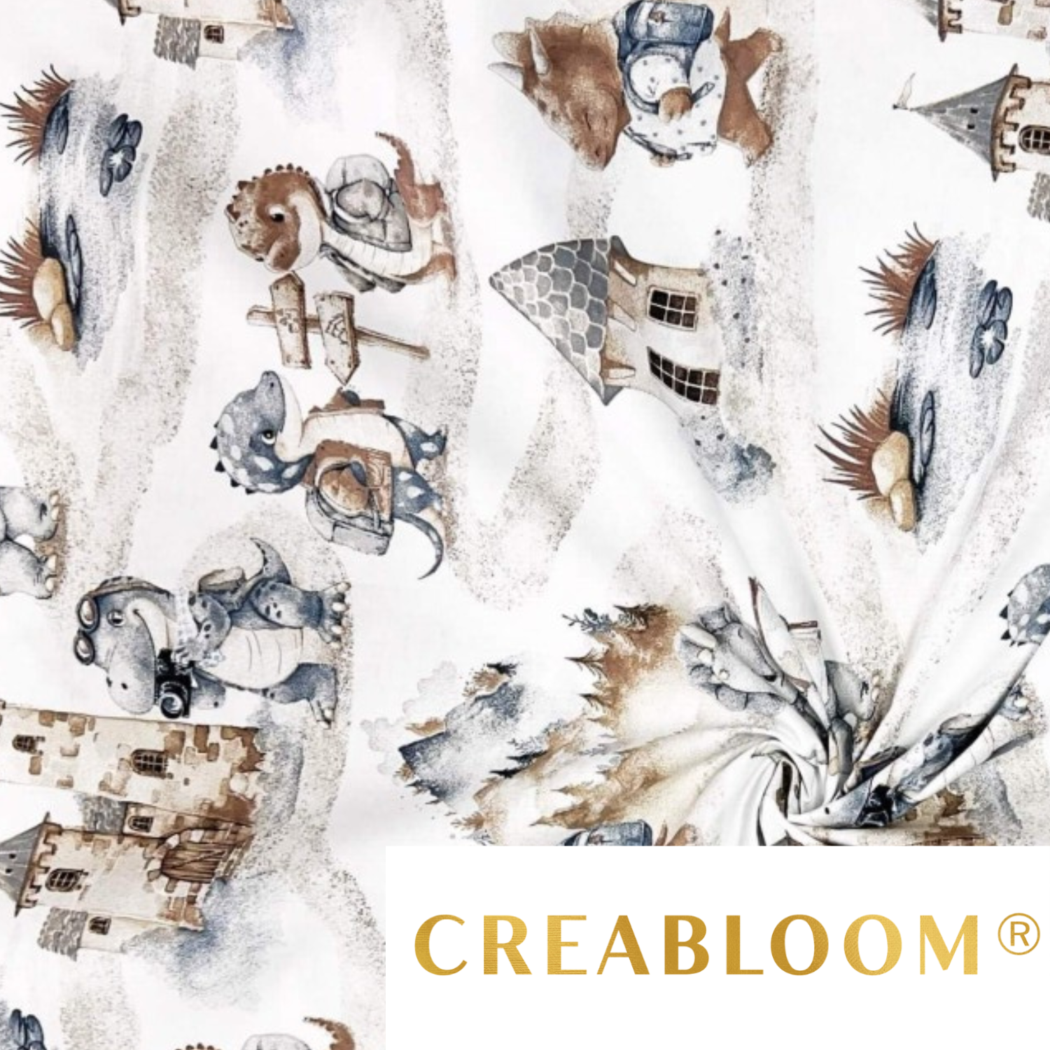 Tissu Coton Motif Dinosaures - Bleu Marine Et Marron