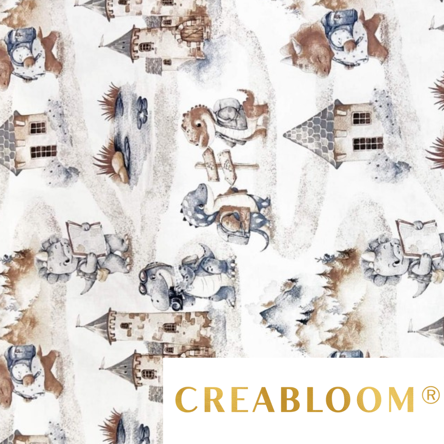 Tissu Coton Motif Dinosaures - Bleu Marine Et Marron
