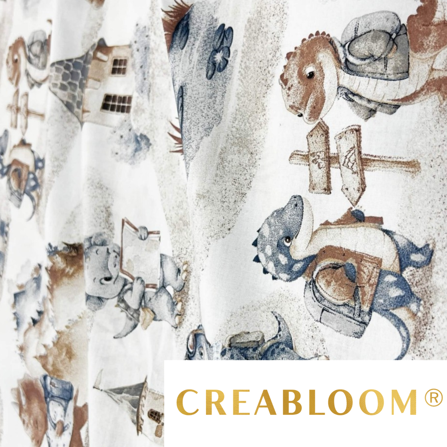 Tissu Coton Motif Dinosaures - Bleu Marine Et Marron