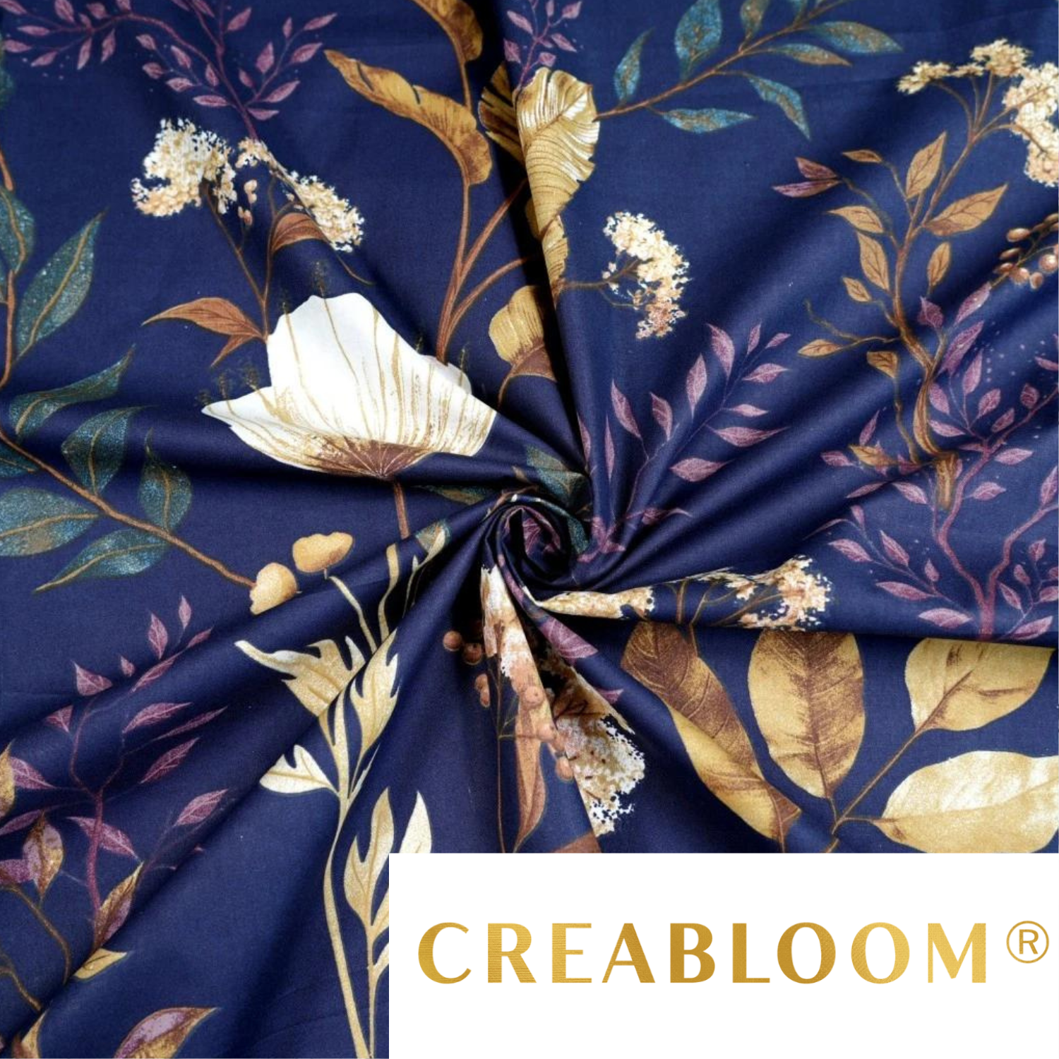 Tissu Coton Motif Grandes Fleurs Fond Couleur Bleu Marine