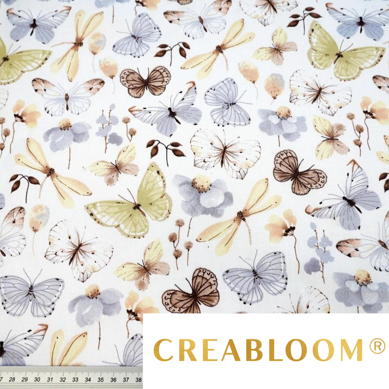 Tissu Coton Motif Fleurs Et Papillons - Beige Gris