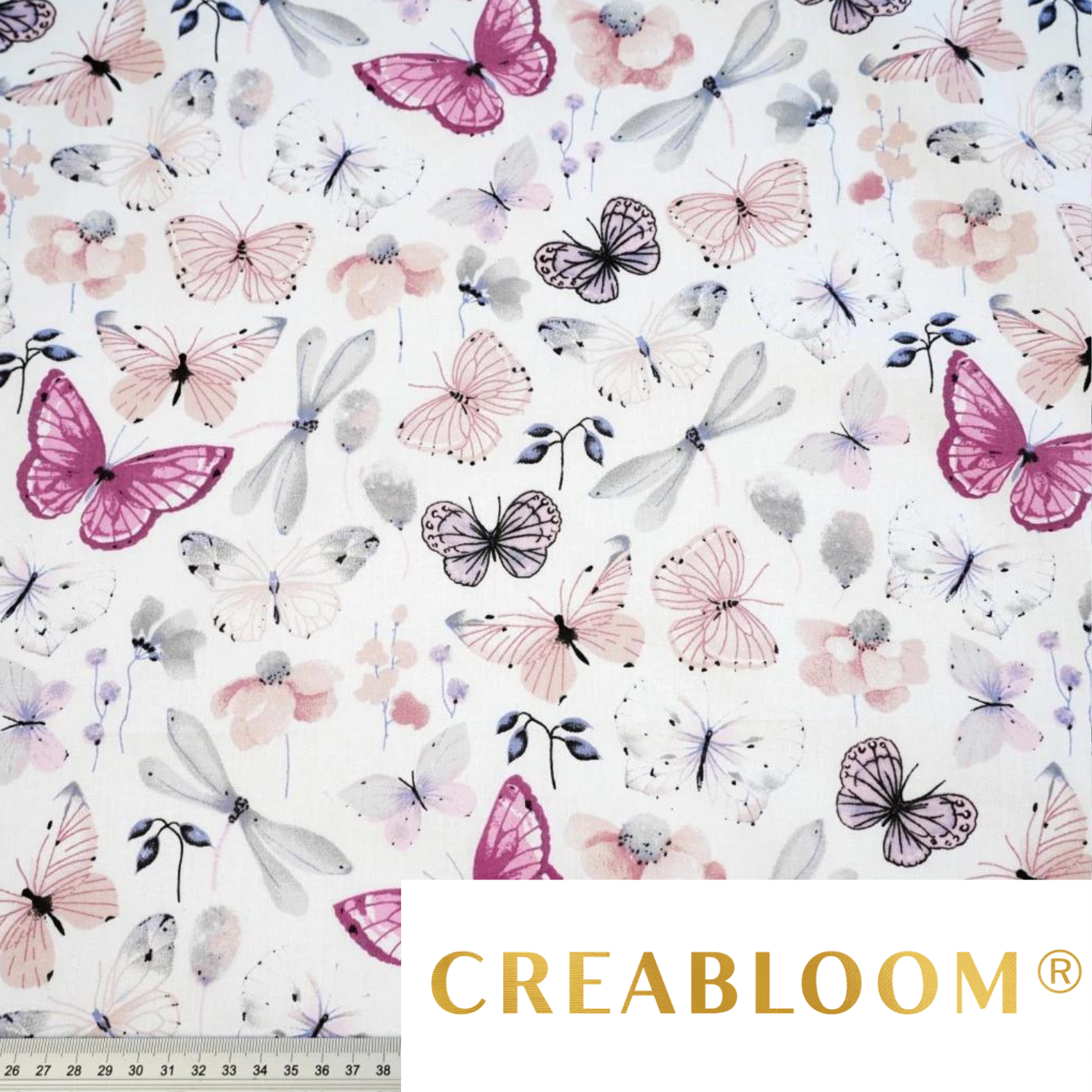 Tissu Coton Motif Fleurs Et Papillons - Rose Gris