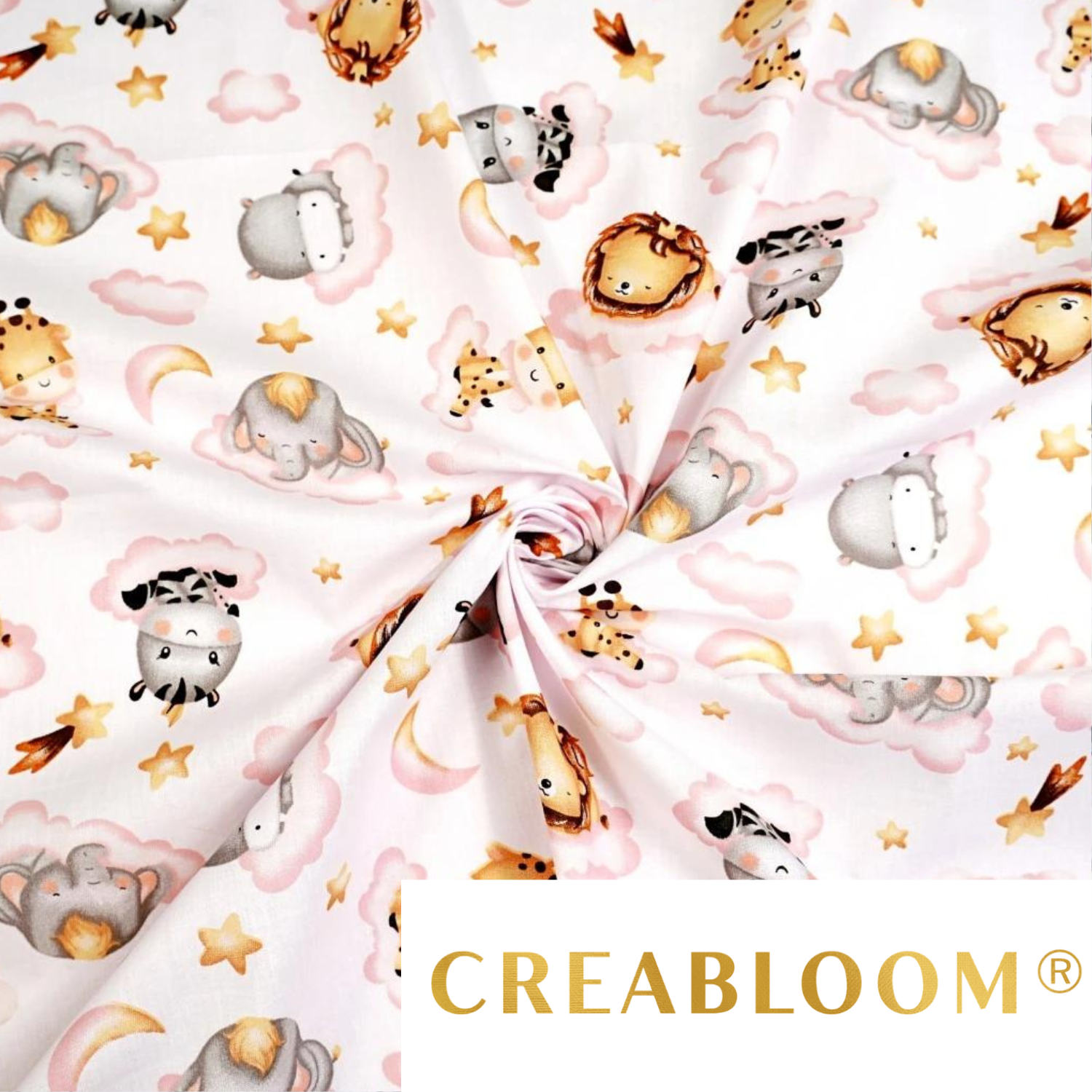 Tissu Coton Motif Animaux Nuages Roses Fond Blanc