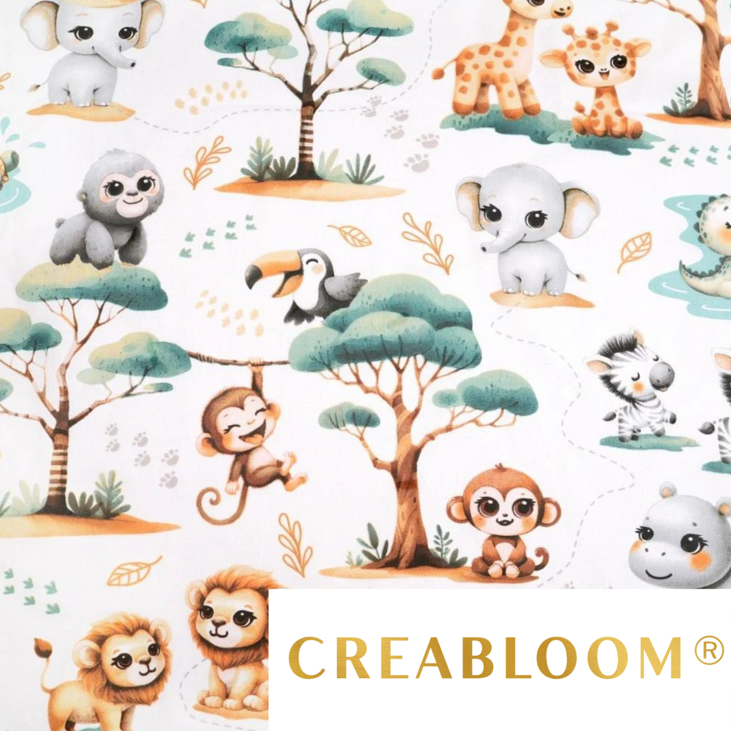 Tissu Coton Motif Animaux D’afrique Menthe Fond Blanc