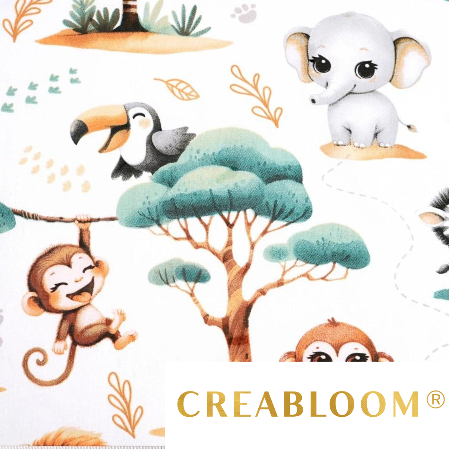 Tissu Coton Motif Animaux D’afrique Menthe Fond Blanc