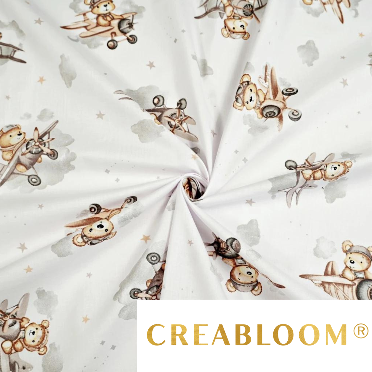 Tissu Coton Motif Oursons Aviateurs - Tons Beige